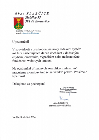 Upozornění na možné dočasné funkční chyby webových stránek oobce - Plakát